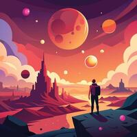 a man standing on a rock looking at the planets vector