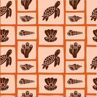 Seamless marine pattern with turtles, shells, corals, and pearls in a warm color palette. Hand-drawn tribal look, perfect for ocean-themed textiles, packaging, and summer designs. vector