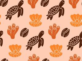 Hand-drawn doodle seamless pattern of ocean elements, including turtle, shells, coral, and clam with pearl, ideal for marine decor, beach designs, and underwater themes vector