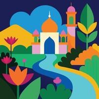 an illustration of a mosque and a river vector