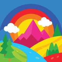 a colorful illustration of a mountain and a rainbow vector