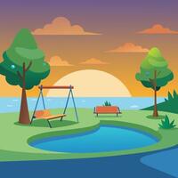 a park scene with a swing and bench vector