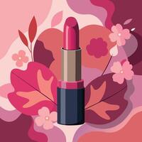 lipstick on a pink background with flowers and leaves vector