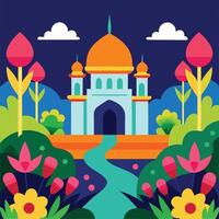 an illustration of a mosque with flowers and trees vector