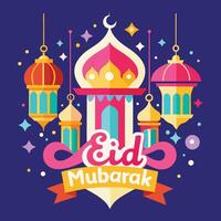 eid Mubarak greeting card with colorful lanterns and stars vector
