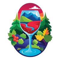 a wine glass with a mountain landscape in the background vector