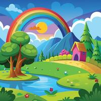 cartoon landscape with a rainbow and trees vector