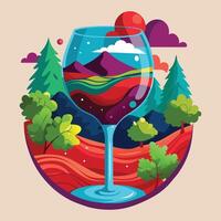 a wine glass with a landscape in the background vector