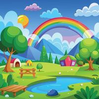 a cartoon scene with a rainbow and trees vector