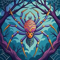 a colorful spider in the forest with a web vector