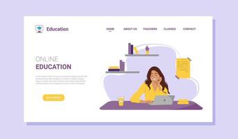Online Education web Home Page Illustration. Girl sits at computer with books in background. Website design for online school. Illustration isolated on white background. vector