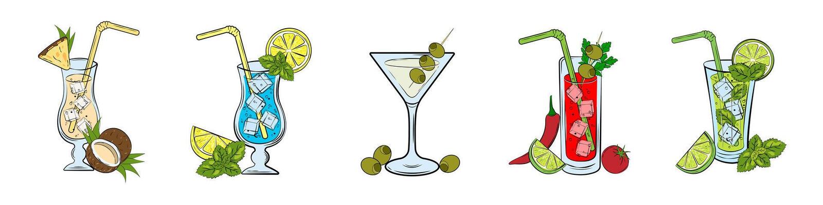Doodle Alcoholic Cocktails on white Background. Illustration Majito, Pina Colada, Bloody Mary, Dirty Martini, Blue Lagoon Hand Drawn Design for bar, restaurant, menu, banner, poster, web.