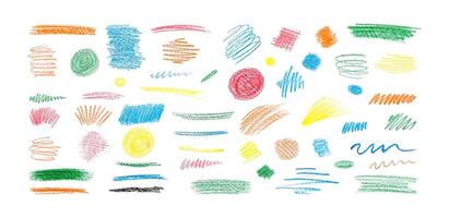 Collection colorful charcoal brush strokes, wavy lines shapes.Hand drawn abstract shapes lines drawn with pencil bright colored charcoal.Circles, scribbles and strokes. vector