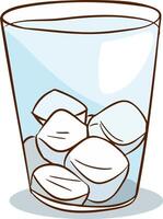illustration of a transparent glass full of drinking water and floating ice cubes representing a refreshing liquid. vector