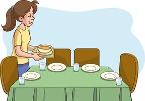 Illustration of Mother Preparing Dinner Table in the Kitchen at Home vector