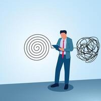 A man standing writing changing the complicated lines into orderly ones. A metaphorical illustration for writing down problems, analysis and creativity in solving problems. vector