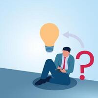 A man sitting writing changing question marks into ideas. A metaphorical illustration for writing down problems, analysis and creativity in solving problems. vector