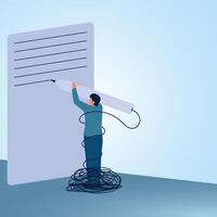 A man stands writing a tangled line on a paper. A metaphorical illustration of writing down problems, analysis and creativity in solving problems. vector