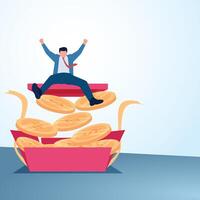 A man jumps happily after getting a box of coins. A metaphorical illustration for free coins, bonuses, discounts and referrals. vector