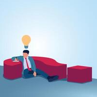 A man sits writing leaning on a question mark and turns it into an idea. A metaphorical illustration for writing down problems, analysis and creativity in solving problems. vector