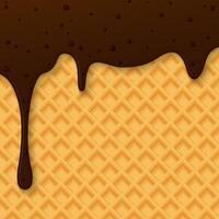 Melted chocolate chunk ice cream drop onto ice cream cone pattern yellow brown colors square background graphic illustration have blank space. vector
