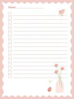 Spring-themed notebook page template with a bouquet of flowers and a cute bird vector