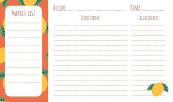 A page template for recipe entries and grocery list. Pattern with lemonsA page template for recipe entries and grocery list. Pattern with lemons vector