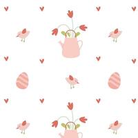 Cute spring watering can pattern with flowers and little birds for textiles and decorCute spring watering can pattern with flowers and little birds for textiles and decor vector