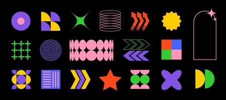 Colorful Y2K brutalism shapes. Geometric shapes a set of colorful geometric shapes on a black background vector