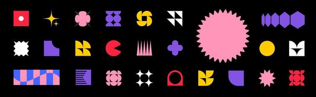 Colorful Y2K brutalism shapes. Geometric shapes a black background with various shapes and colors vector