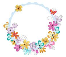Bright easter scalloped frame with colorful flowers and butterflies. Spring frame for card, invitation. vector