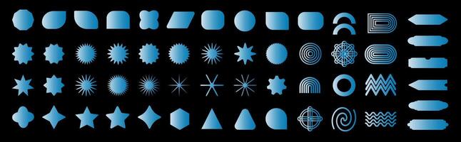 Bright illuminated futuristic form abstract designs and shapes, icons. Swiss design aesthetic. a set of different shapes and patterns on a black background vector