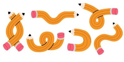 Curved pencils set illustration. Twisted flexible yellow simple pencil in different shapes like heart, knot, check mark, bend one, doodles. Back to school, teachers day concept. vector