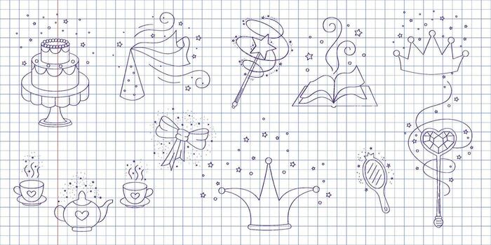 Magic wands and elements doodle set. Fairytale element in sketch style. Hand drawn illustration isolated on white background vector