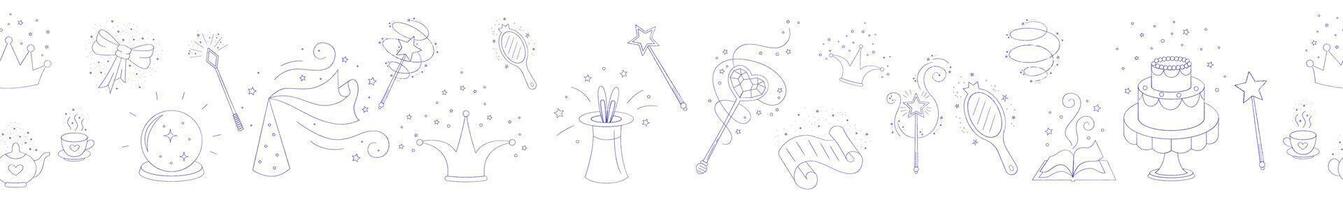 Magic wands and elements doodle seamless border. Fairytale element in sketch style. Hand drawn illustration isolated on white background vector