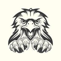 Angry eagle head with paw vintage black and white design. vector
