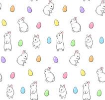 Easter pattern with cute white rabbits illustration and colorful eggs on white background vector