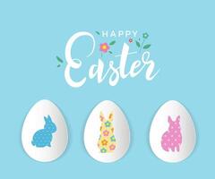 Happy Easter greeting card or banner design with handwritten lettering and little floral elements. Bunny rabbit silhouettes with different patterns on decorative paper eggs vector