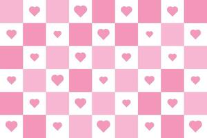 Charming retro groovy checkerboard pink and white checkerboard pattern with various heart shapes, perfect for Valentine's Day or romantic-themed designs. vector