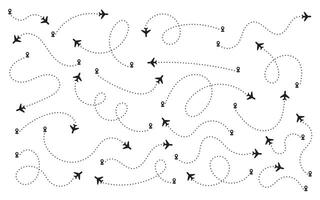 Airplane routes in dashed line trace set. Plane route lines tracking, location pins, planes, travel, map pins on white background. vector