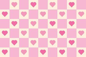 A charming retro groovy pink and cream checkerboard pattern adorned with heart shapes, perfect for Valentine's Day or romantic designs. vector