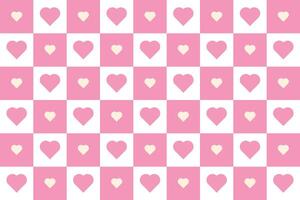 Charming retro groovy checkerboard pink, yellow and white checkerboard pattern with various heart shapes, perfect for Valentine's Day or romantic-themed designs. vector