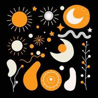 Set of whimsical abstract, solar and herbal design elements. vector