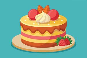 Delicious layered cake with frosting and berries, perfect for celebrations. vector