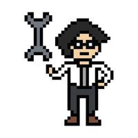 Cartoon man male with engineer concept fix problem solve analysis repair 8 bit. vector