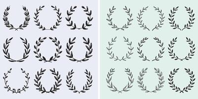 A collection of elegant, hand-drawn laurel wreaths in a minimalist black and white vector