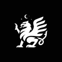 Mythical griffin, the griffin sits on its hind legs with its wings spread and crescent moon overhead vector