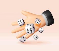 3D Hand throwing dice isolated. Render playing cubes icon. Game creating chance and risks showing concept of luck and fortune used in gambling or family game vector