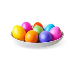 3d colorful easter eggs in plate isolated on white. Render easter holiday egg icon. Easter holiday decor element. vector