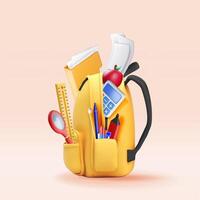 3D Yellow school backpack with stationery isolated. Render apple, file folder, sheets of paper, and calculator for education, business and learning. Back to school concept vector